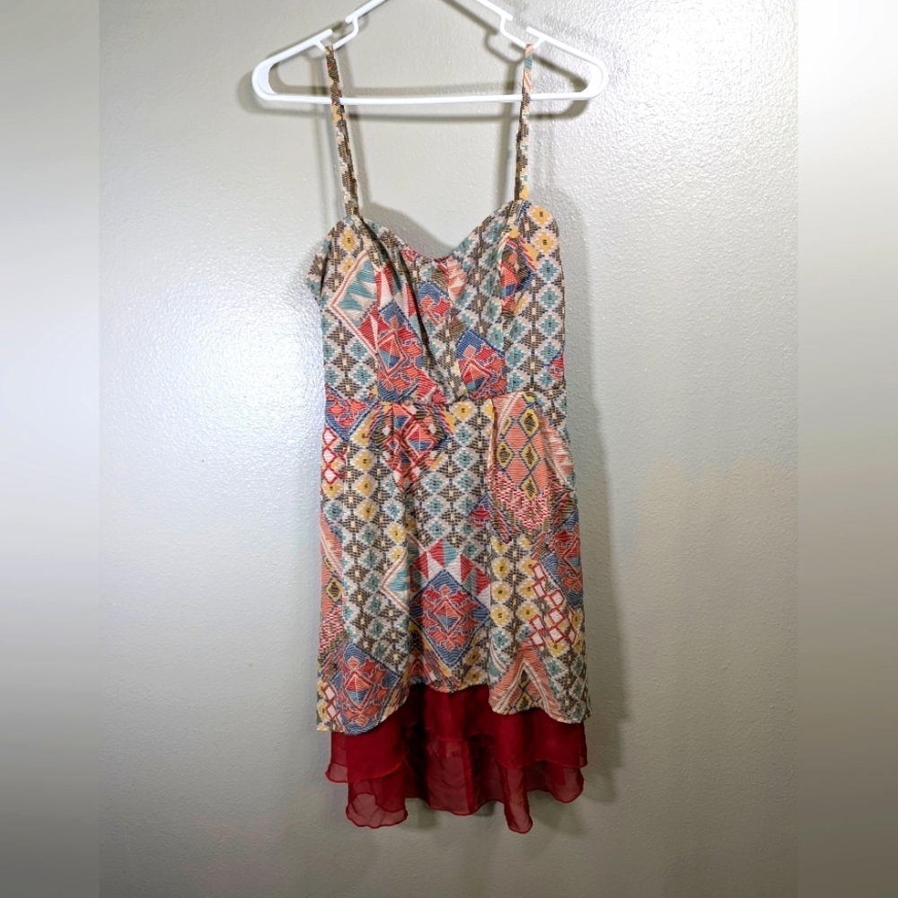 As U Wish Dress M Colorful Tribal Print Strappy Layered High Low Ruffle Smocked